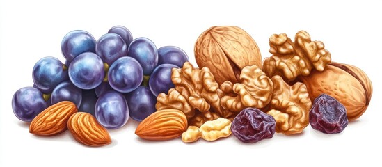 Poster - Fresh mix of almonds, walnuts, and dried grapes on a white background; blue grapes on the left, brown walnuts at center, and light tan almonds on right.