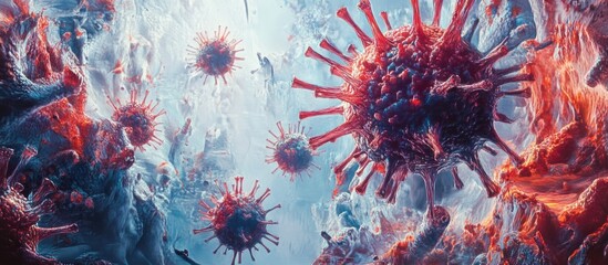 Poster - Vibrant illustration of virus cells in red and blue hues, floating in a surreal underwater environment with a mix of textured organic shapes in the background.