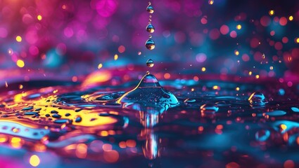 Aufkleber - Vibrant water droplets creating ripples in a colorful abstract background with shimmering lights and reflections.