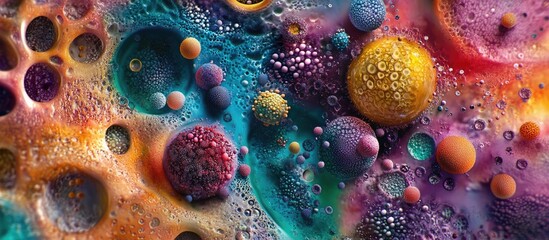Poster - Colorful abstract representation of microorganisms with vibrant blue, purple, yellow, and orange bubbles in a dynamic arrangement on a dark background.