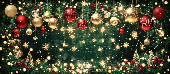 Aufkleber - Christmas background with red and gold ornaments hanging on a dark green backdrop, sparkling lights creating a festive atmosphere and open space.