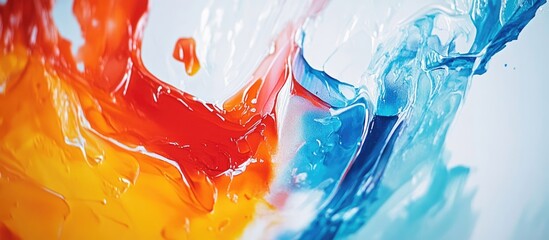 Aufkleber - Vibrant abstract art showcasing swirling shades of orange, red, and blue paints blending dynamically against a smooth white background.
