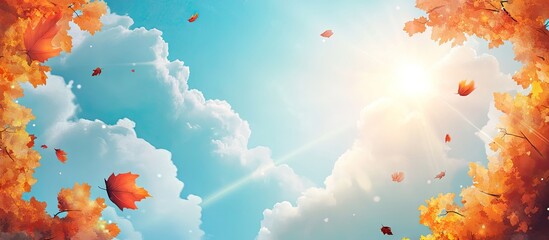 Poster - Autumn sky with fluffy white clouds and golden sunlight illuminating vibrant orange and red foliage against a clear blue backdrop.
