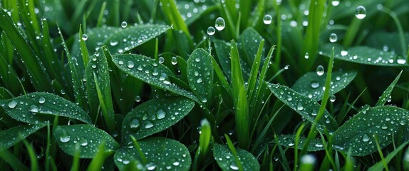 Sticker - Fresh dew drops glistening on vibrant green grass and leaves in a natural morning landscape setting.