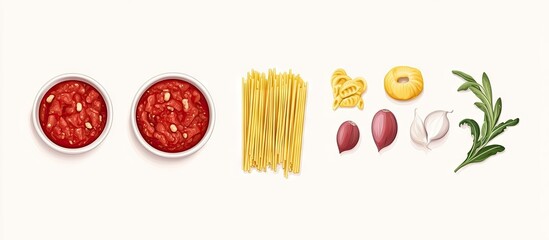 Poster - Colorful flat lay of pasta ingredients including red tomato sauce in bowls, spaghetti, garlic, onion, and fresh herbs on a light background