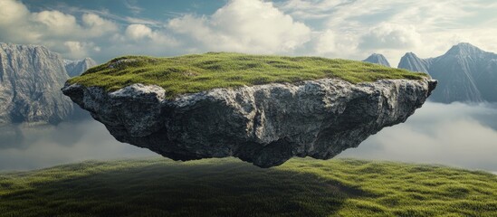 Poster - Surreal floating island in a clear sky with lush green grass atop a rocky base surrounded by misty mountains and tranquil waters below.
