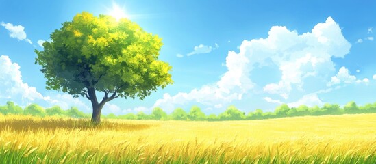 Aufkleber - Lone oak tree with vibrant green foliage stands proudly in a golden harvested wheat field under a clear blue sky with fluffy white clouds.