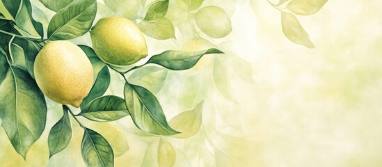 Poster - Bright yellow lemons with green leaves set against a soft pastel backdrop, creating a refreshing and vibrant composition, ideal for culinary themes.