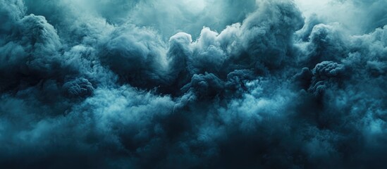 Poster - Dark stormy clouds in shades of blue and gray create a dramatic atmospheric background with swirling forms and depth, perfect for abstract concepts.