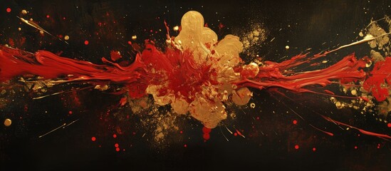 Fototapete - Abstract explosion of red and gold splashes on a black background with a central burst effect creating dynamic energy and vivid contrast.