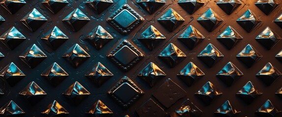 Wall Mural - Metallic textured wall with pyramidal and diamond-shaped studs reflecting light in blue and orange tones.