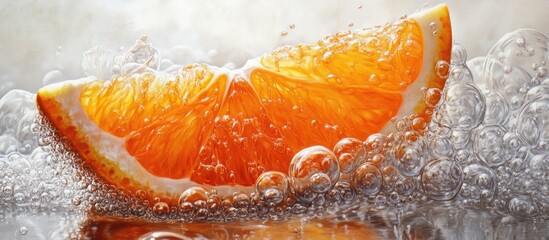 Poster - Vibrant orange wedge submerged in clear effervescent water with abundant bubbles creating a refreshing and dynamic underwater scene