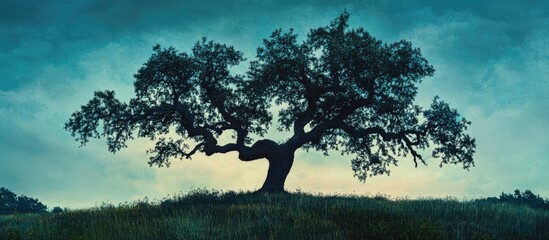 Poster - Solitary dark tree silhouette against a moody twilight sky with shades of blue and hints of orange, evoking resilience and strength in nature.