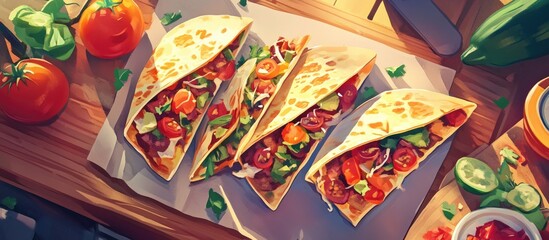 Poster - Vibrant aerial view of four delicious quesadillas filled with colorful ingredients on a wooden table surrounded by fresh tomatoes and herbs