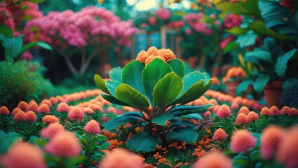 Wall Mural - vibrant garden scene featuring lush croton plants surrounded by colorful blossoms and rich greenery 