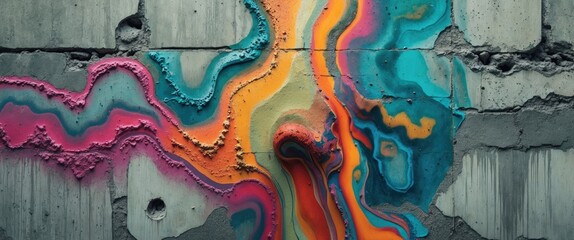 Aufkleber - Vibrant abstract art on concrete wall showcasing colorful fluid patterns and textures ideal for background or design use.