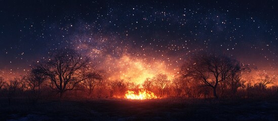 Poster - Starlit night sky with vibrant orange and yellow flames illuminating silhouetted trees in a tranquil landscape creating a serene yet dramatic ambiance
