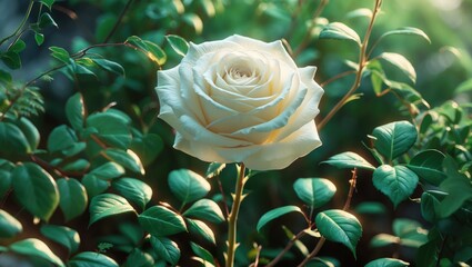 Wall Mural - White rose in full bloom surrounded by green foliage under soft natural light. Image captures intricate petal details and vibrant greenery.