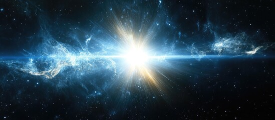 Aufkleber - Vibrant cosmic scene featuring bright central starburst in shades of blue and white with swirling nebulas and dark space backdrop on a long exposure.