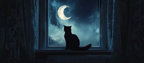 Poster - Silhouette of a black cat looking out of a window at a large crescent moon in a dark, cloudy night sky with hints of blue and gray.
