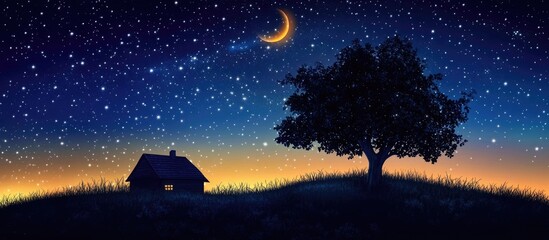 Poster - Night sky featuring twinkling stars and a crescent moon above a silhouette of a cozy house and a tree on a grassy hill under a deep blue gradient.