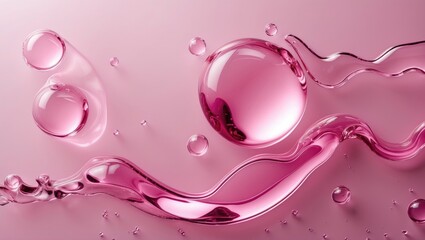 Aufkleber - Transparent pink gel droplets and waves on a soft pink background creating a soothing and modern abstract composition.
