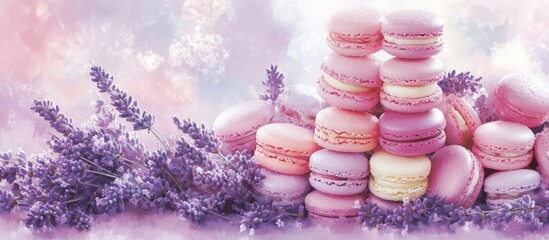 Poster - A vibrant display of pink and purple macarons stacked with delicate lavender blossoms on a soft pastel background creating a harmonious color palette