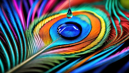 Wall Mural - Colorful peacock feather with a water droplet resting on it creating a vibrant and detailed macro abstract image