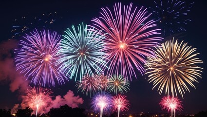 Aufkleber - Vibrant Fireworks Display Illuminating Night Sky for Celebrations and Festivities in a Spectacle of Colorful Explosions and Joyful Atmosphere