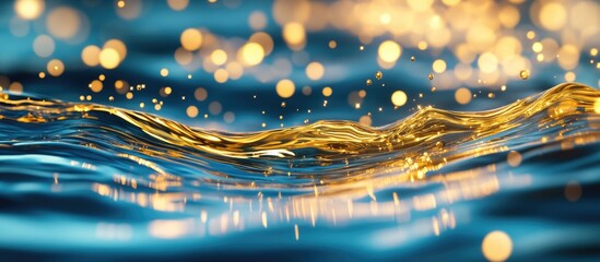 Leinwandbilder - Liquid gold waves flowing gracefully over a deep blue background, enhanced with shimmering bokeh highlights creating a rich depth effect.