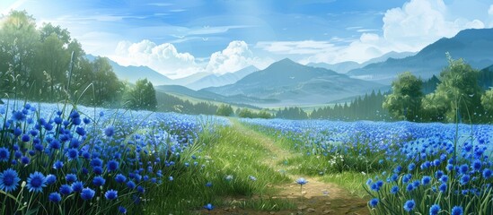 Aufkleber - Serene panoramic rural landscape showcasing vibrant blue cornflowers in a lush green field with soft hills and a bright blue sky above.