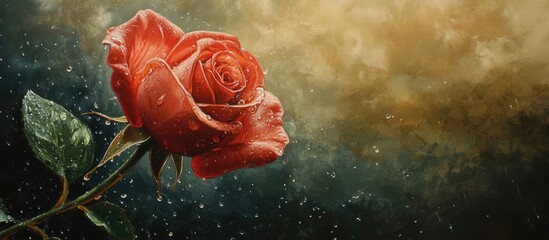 Poster - Vibrant red rose on green stem positioned left against a hazy golden background with raindrops creating an atmospheric, serene effect.