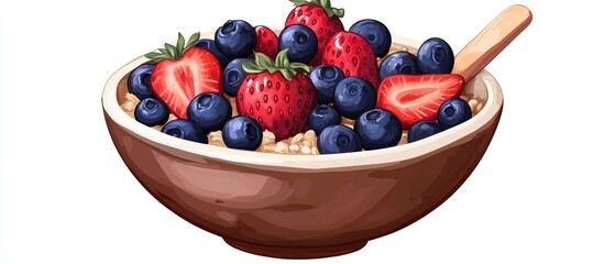 Aufkleber - Bowl of oatmeal topped with fresh strawberries and blueberries against a white background presenting a healthy breakfast option in brown tones