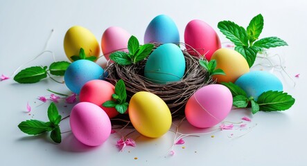 Colorful Easter eggs arranged around a nest with greenery and floral accents on a white background.