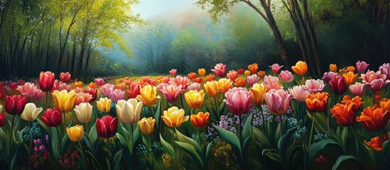 Poster - Vibrant field of multicolored tulips in full bloom with a hazy green forest backdrop under soft morning light, showcasing shades of red, yellow, pink.