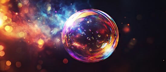 Aufkleber - Vivid soap bubble displaying radiant colors against a dark blurred background with sparkles and light glimmers enhanced by a soft focus effect