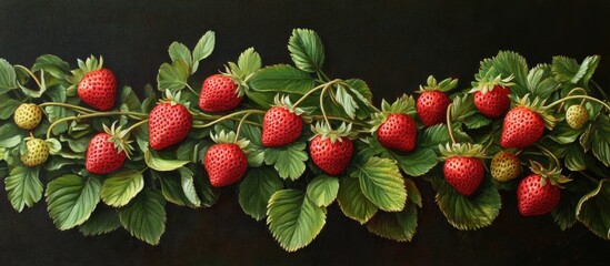 Fototapete - Strawberry vine with ripe red strawberries and green leaves on a dark background, showcasing fresh fruit and vibrant foliage arrangement.