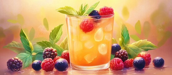 Aufkleber - Refreshing beverage in a glass, filled with ice, adorned with mint leaves and vibrant raspberries and blueberries, against a warm, blurred background.