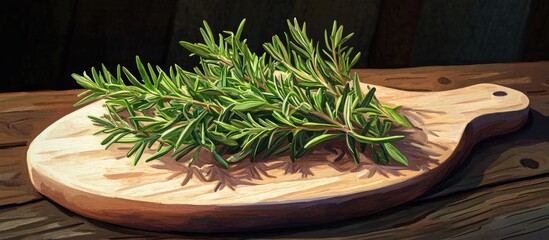 Poster - Vibrant green rosemary on a wooden cutting board with warm tones highlighting the aromatic leaves ideal for culinary presentations and garnishes