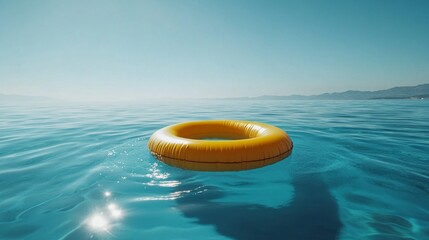 Poster - A bright yellow inflatable ring gently floats in serene waters, reflecting sunlight as gentle waves lap around it. The clear blue sky adds to the relaxing atmosphere
