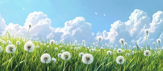 Aufkleber - Vibrant green spring meadow filled with lush dandelions in foreground under a clear blue sky with fluffy white clouds in the background.