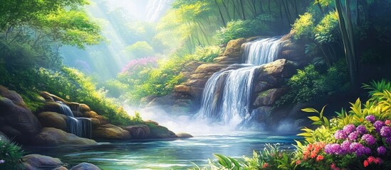 Poster - Serene tropical forest landscape featuring cascading waterfalls surrounded by vibrant greenery and colorful flowers under soft sunlight.