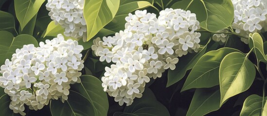 Poster - Lush white lilac flowers cluster prominently in the foreground with vibrant green leaves framing the scene, highlighting their delicate beauty.