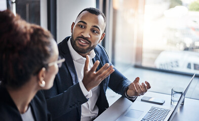 Aufkleber - Discussion, laptop and performance review with business people in office together for project management or teamwork. Meeting, planning and idea with man, woman or workplace for b2b collaboration