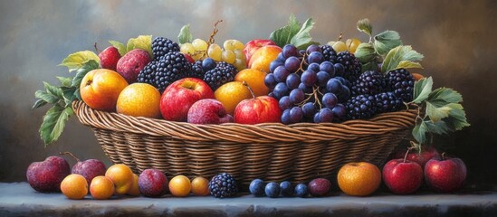Poster - Wicker basket overflowing with vibrant seasonal fruits in hues of red, yellow, purple, and green set against a muted background for a natural display