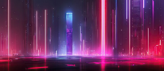 Fototapete - Futuristic neon city skyline with vibrant pink and purple lights contrasting against a dark background, creating a modern urban atmosphere