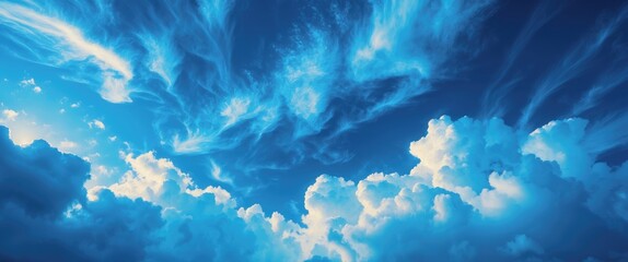 Wall Mural - vibrant blue sky with wispy clouds and dramatic cloud formations during the day lighting in a serene