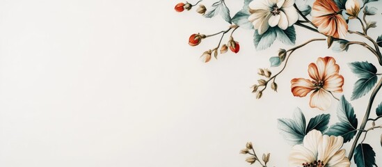 Fototapete - Vintage floral design mockup with detailed intricate blooms in soft pink, orange, and green on a clean white background, left-aligned composition.