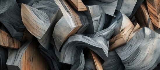 Fototapete - 3D abstract wallpaper design featuring anthracite shapes in gray and brown tones with striking wood grain textures for contemporary aesthetics