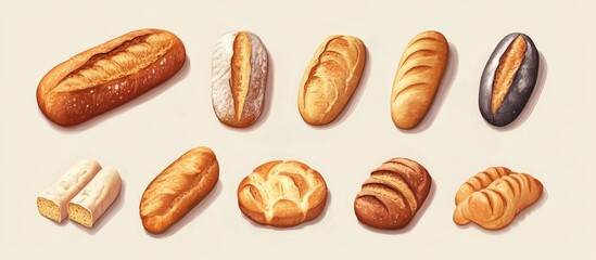 Poster - Variety of freshly baked breads and baguettes in warm golden and brown hues arranged neatly on a light beige background perfect for food lovers